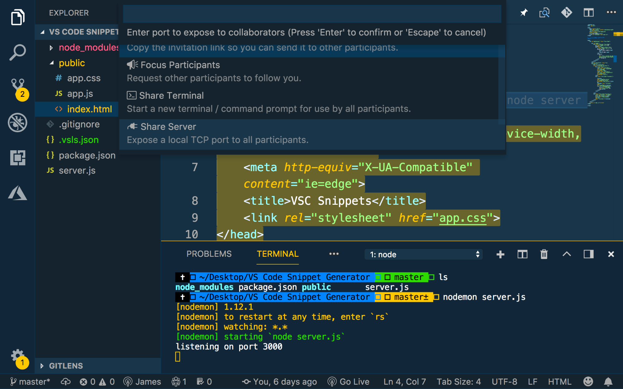 Command Pallete open with Share Server selected