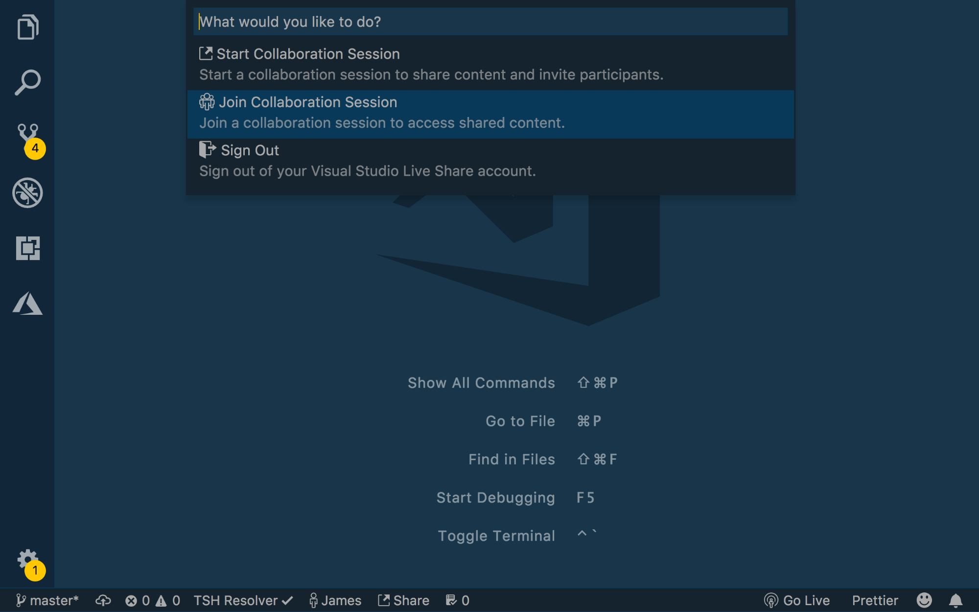 Command Pallete open with Join Collaboration Session selected