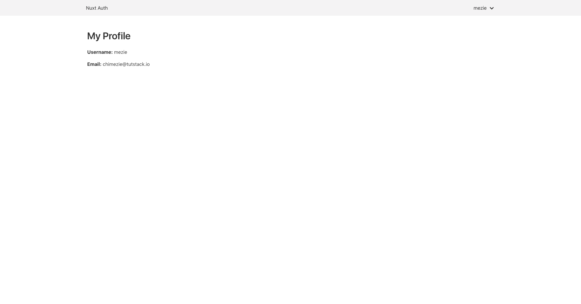 My Profile page displaying username and email