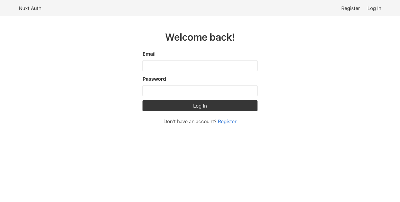 App Welcome Back page containing two fields: email and password