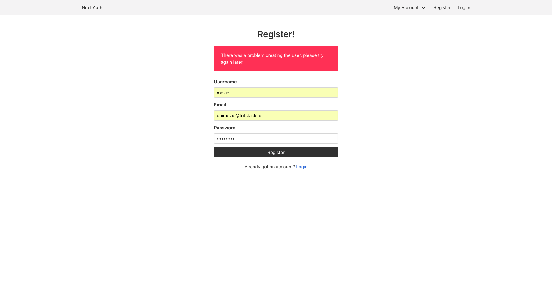 Register page but with a notification message to the user that there was an error