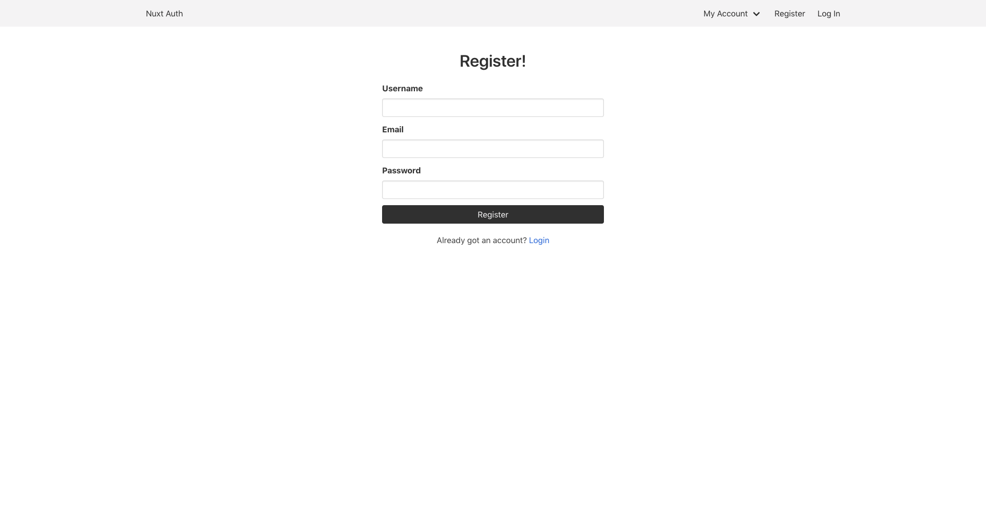 Register page with Username, Email, and Password fields