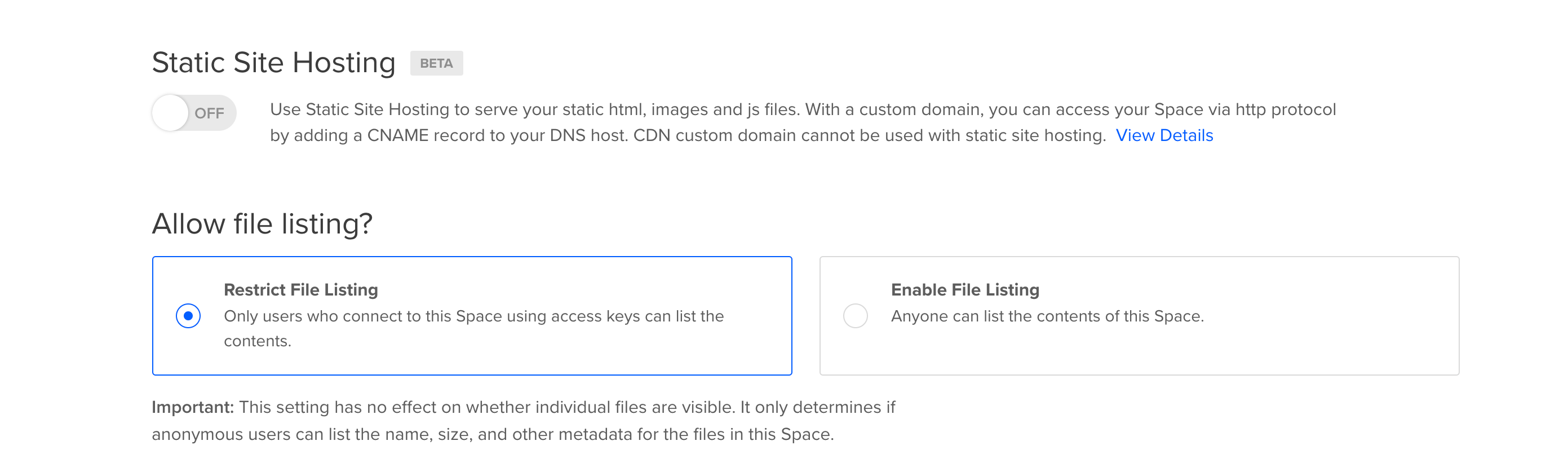 Spaces static site hosting selection