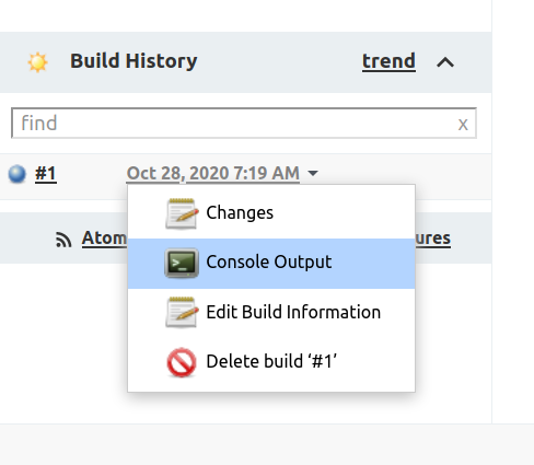 屏幕显示在 "构建历史 "框内的 "构建 # 1 "下拉菜单中选择的 "控制台输出 "选项