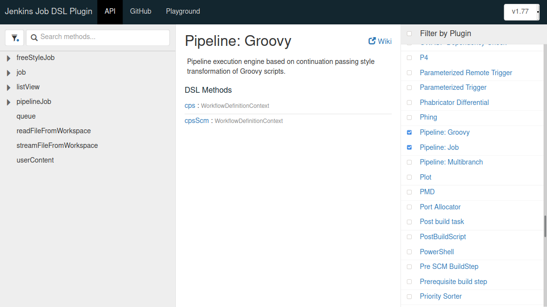 Jenkins Job DSL API 参考页面，除 Pipeline：Job 以及（未显示）Git 和 Pipeline：Groovy