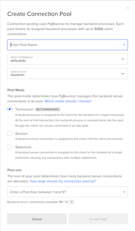 Connection Pools Config Window
