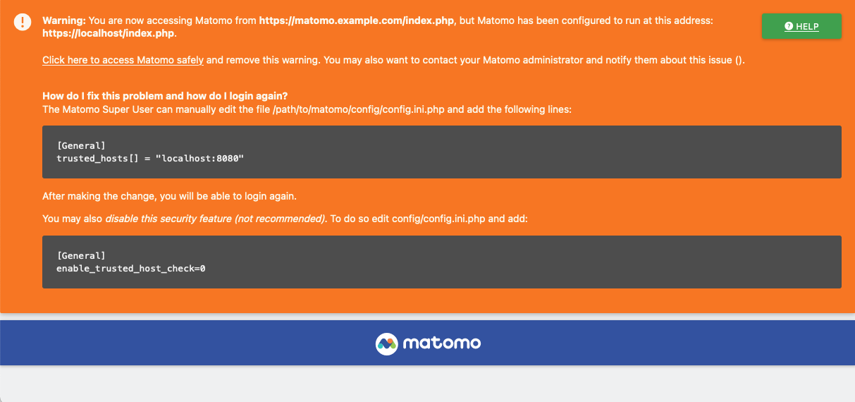 Screenshot of the Matomo homepage with a large orange "Warning:" box along the top