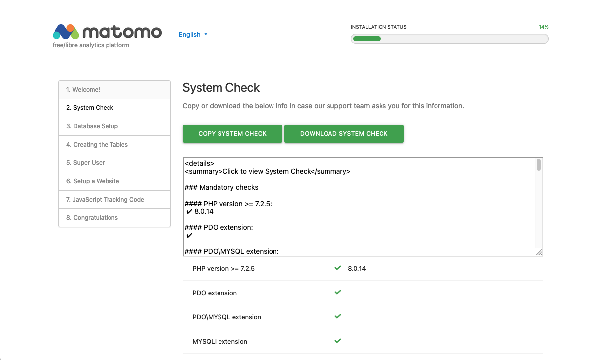 Screenshot of Matomo's "System Check" page with a list of system properties with green checkmarks next to them