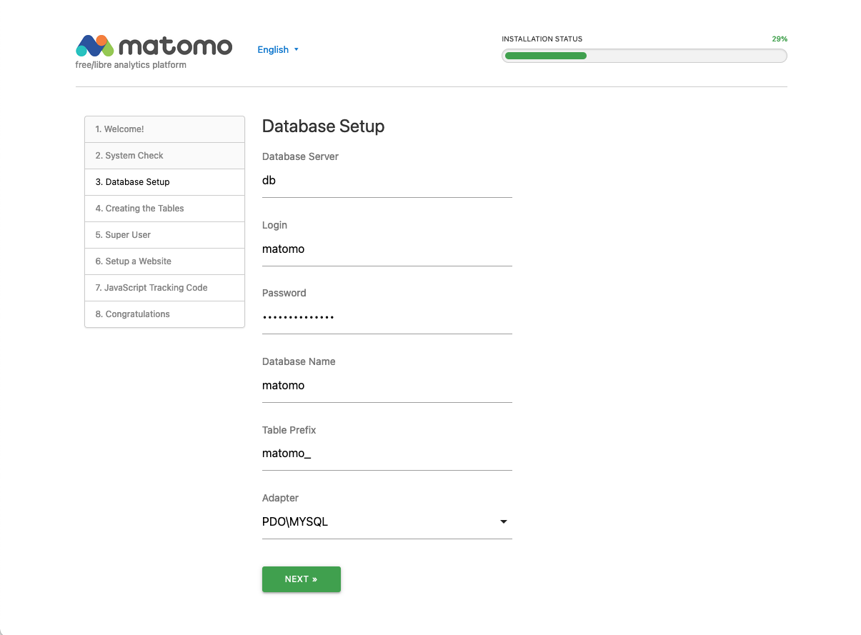 Screenshot of Matomo's "Database Setup" page, with a form for inputting database connection details