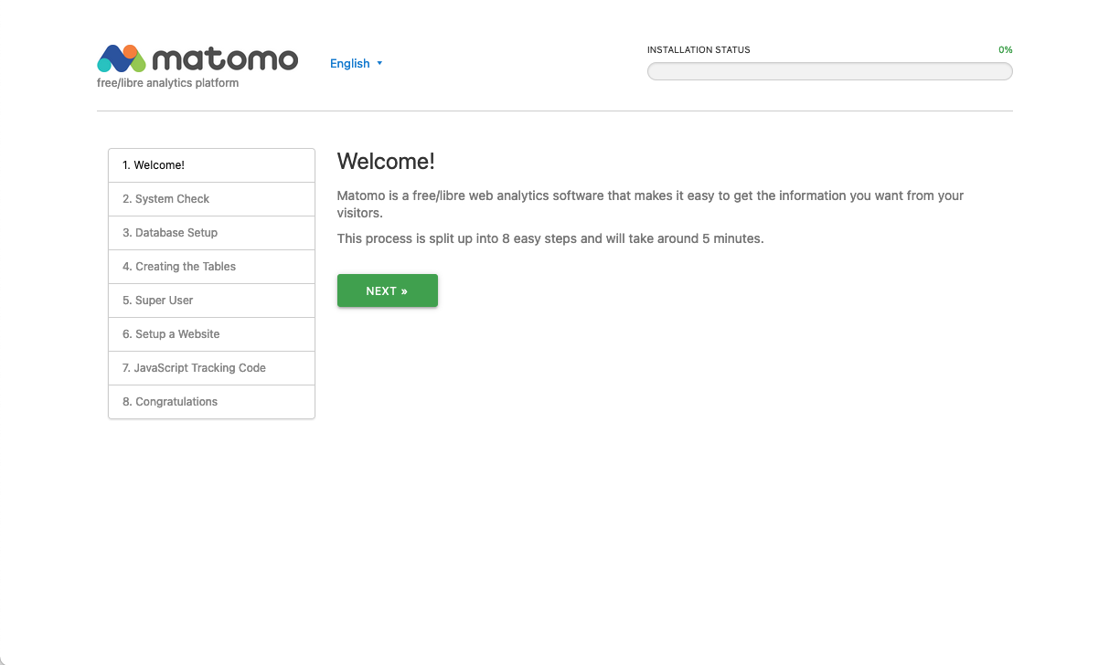 Screenshot of the first page of the Matomo web installation process, with a "Welcome!" headline and a green "Next" button