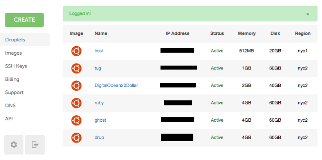 DigitalOcean droplets page
