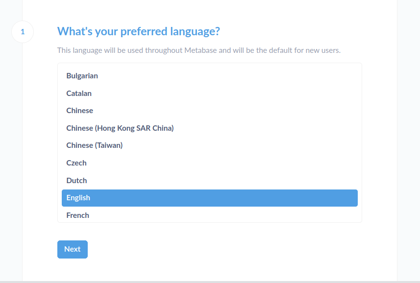 Screenshot of Metabase's on-boarding language selection page