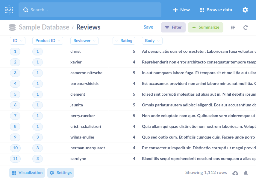Screenshot of Metabase's Question creation page showing a table of example review data