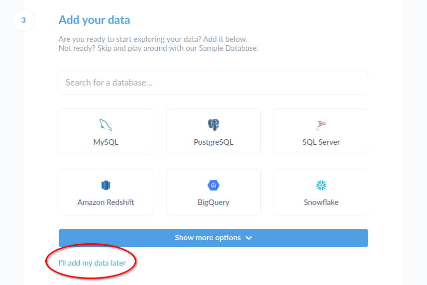 Screenshot of Metabase's Add your data page with a highlighted circle around the "I'll add my data later" link