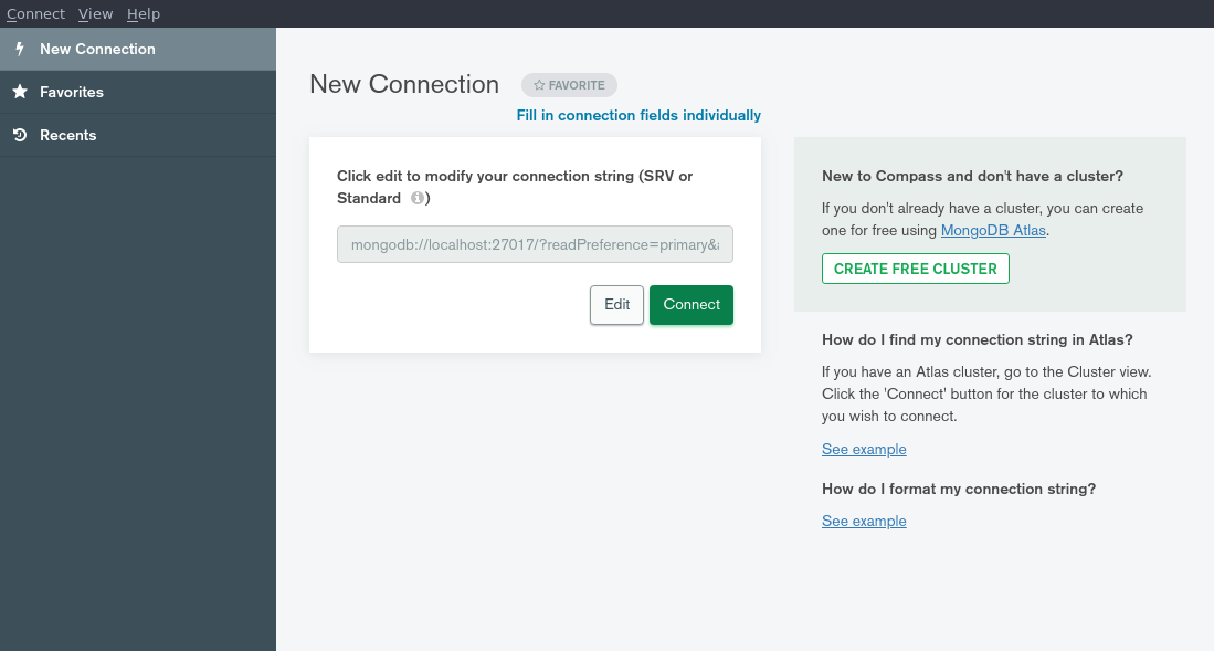 MongoDB Compass welcome screen, ready to accept new connections