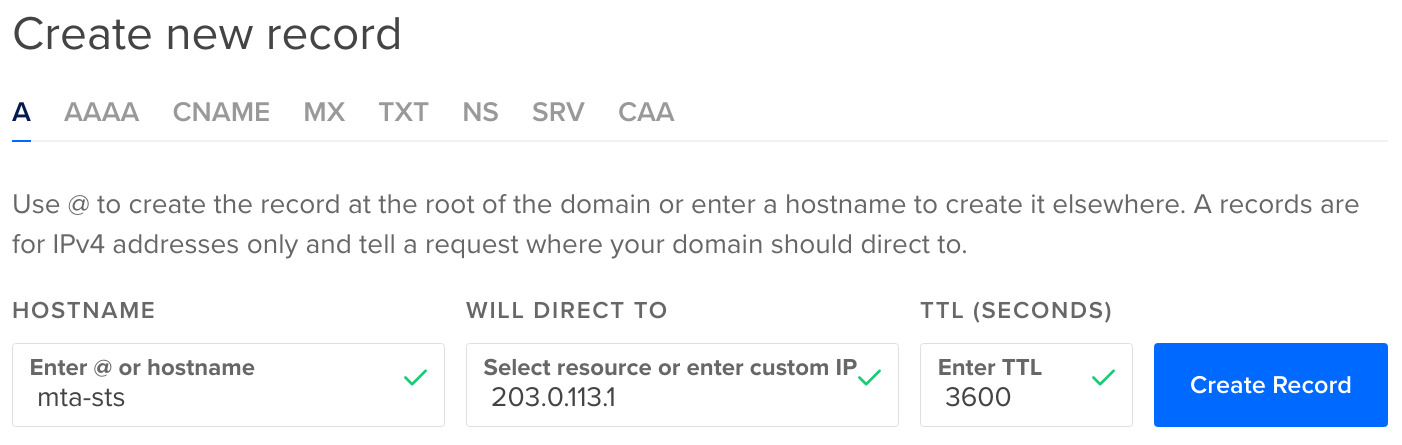 A screenshot of the DigitalOcean DNS control panel, showing an example DNS record for mta-sts pointing to an IPv4 address.