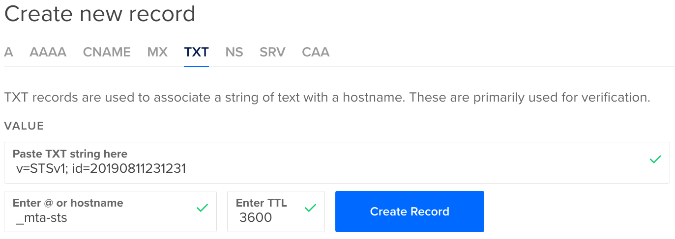 A screenshot of the DigitalOcean control panel, showing the _mta-sts DNS TXT record being set.