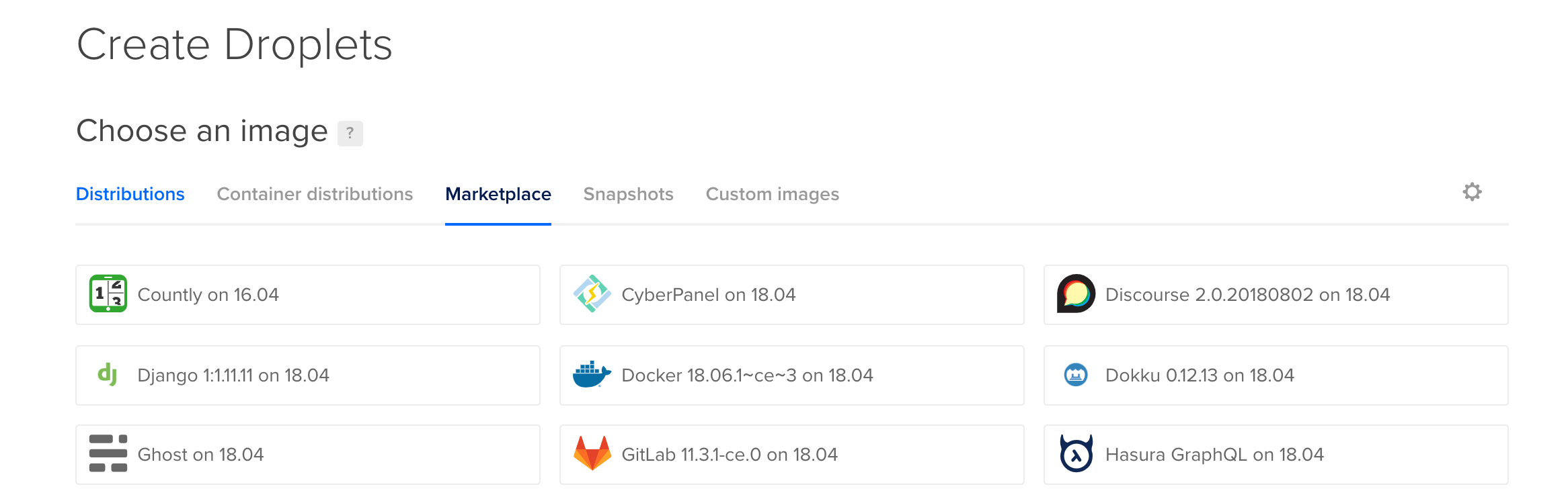 Choose the Docker 18.06 image from the One-click Apps menu