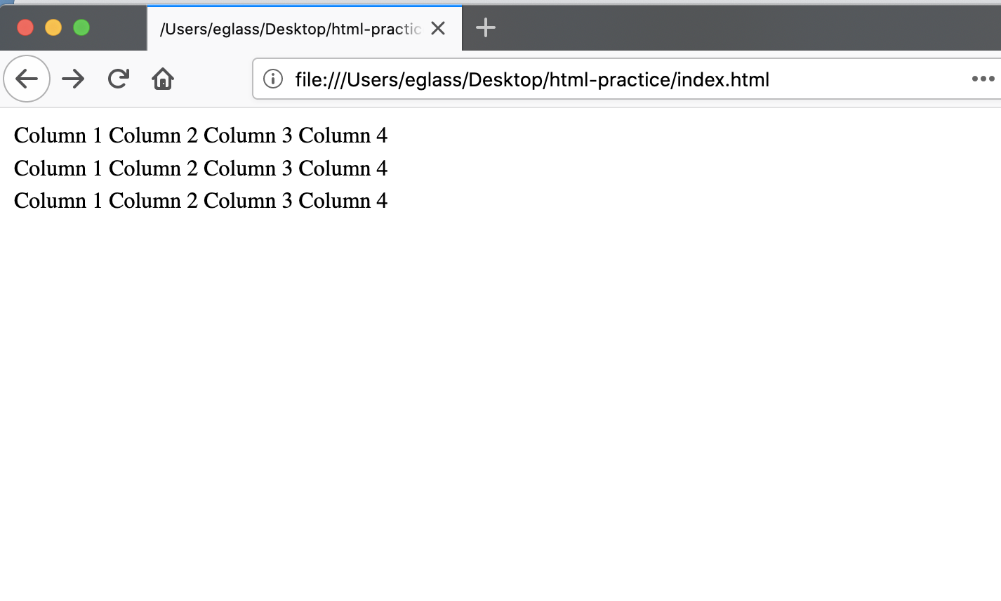 Webpage displaying table with three rows and four columns