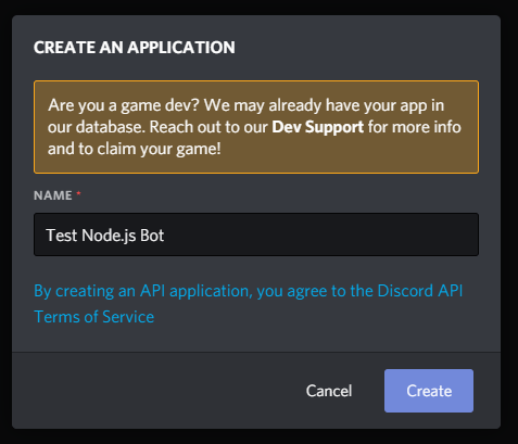 Image of the prompt to create an application, with "Test Node.js Bot" entered as the name of the application