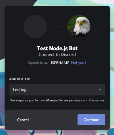 Page from following the invite link, allowing users to add the bot to servers