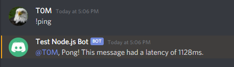 Image of bot replying in Discord to "!ping" with "@T0M, Pong! This message had a latency of 1128ms."