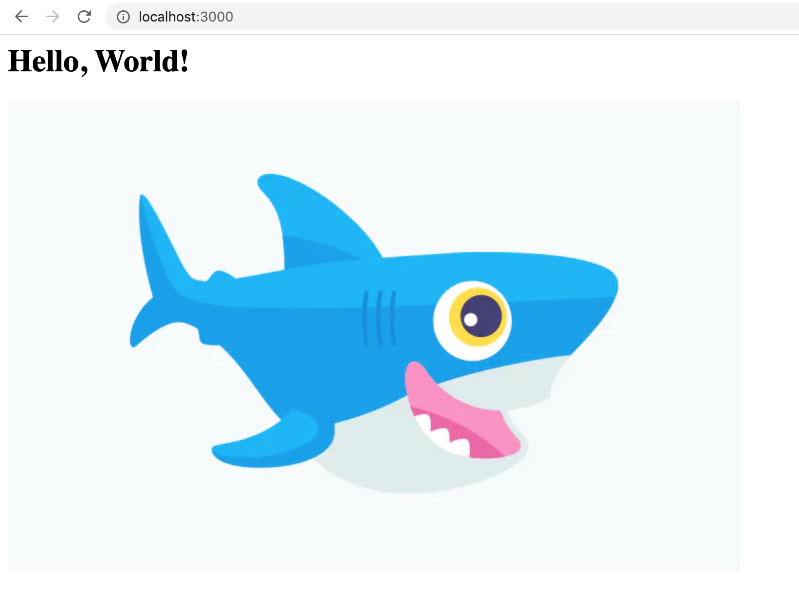 Screenshot of the web page displaying a Hello World message and shark image.