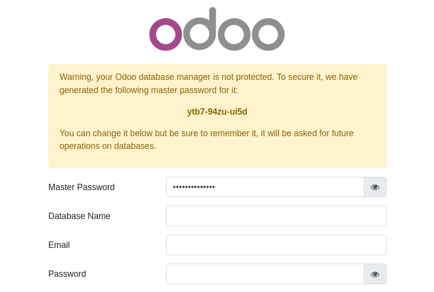 Screenshot of Odoo's "Database Setup" page, with a form for inputting database connection details and a random password for the PostgreSQL database