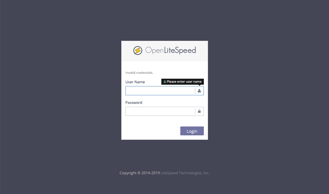 screenshot of the OpenLiteSpeed admin login page