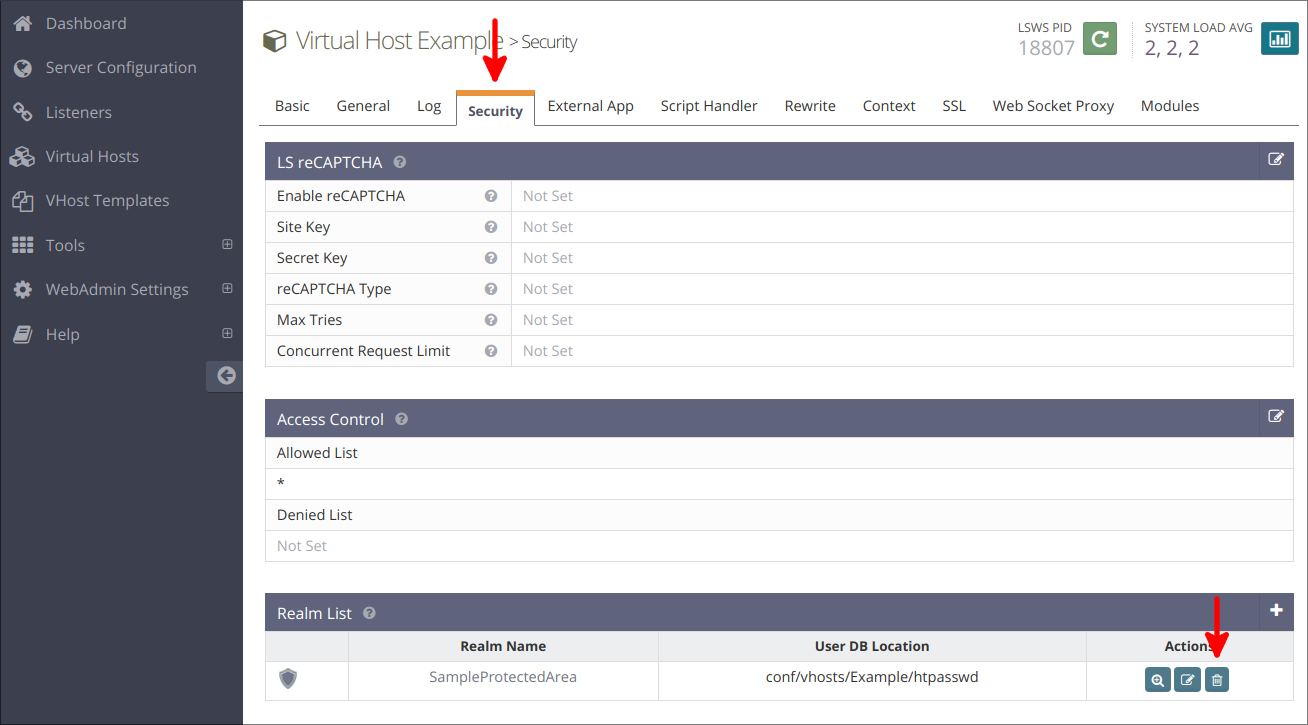 OpenLiteSpeed security realm list