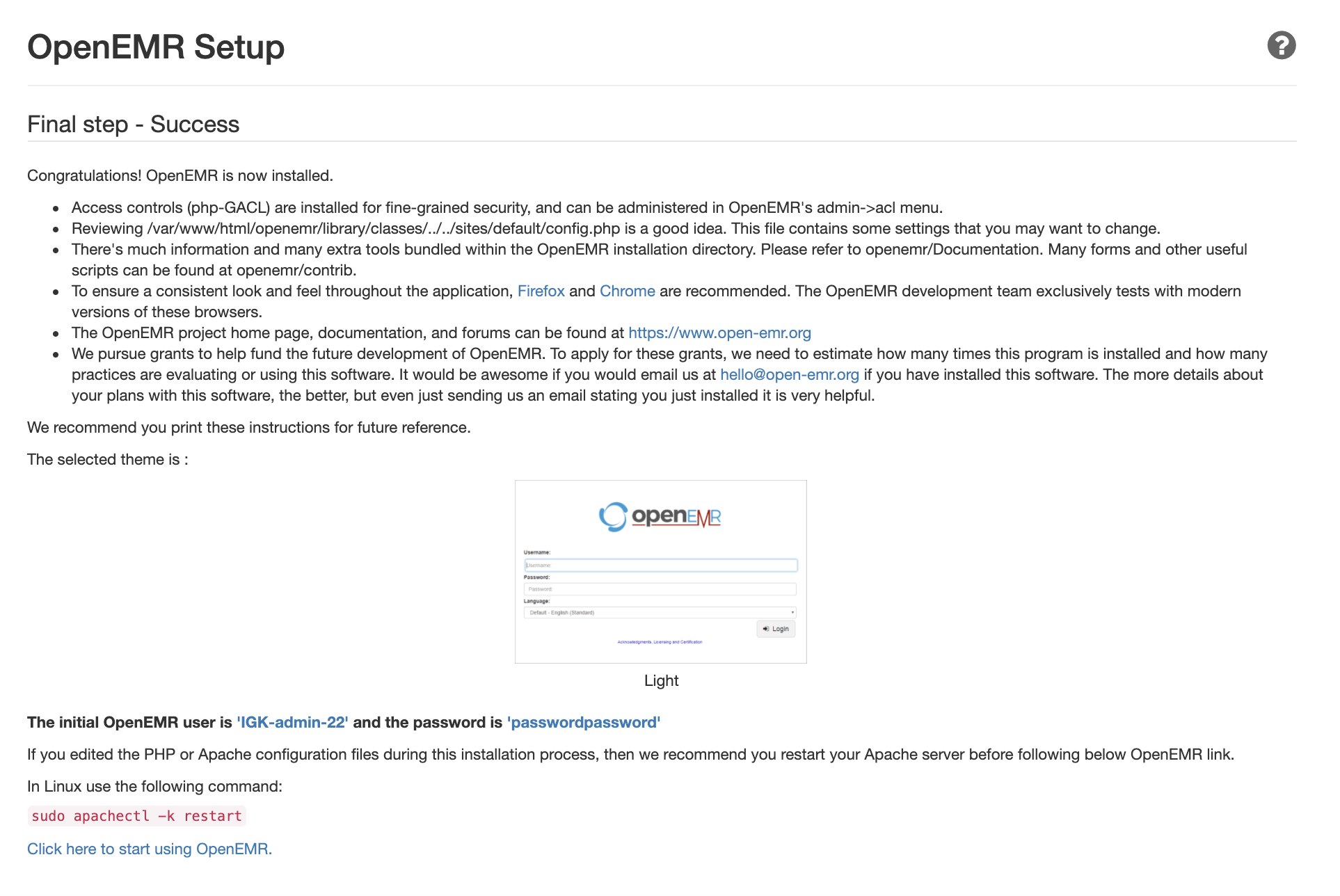 OpenEMR setup page — Final Step