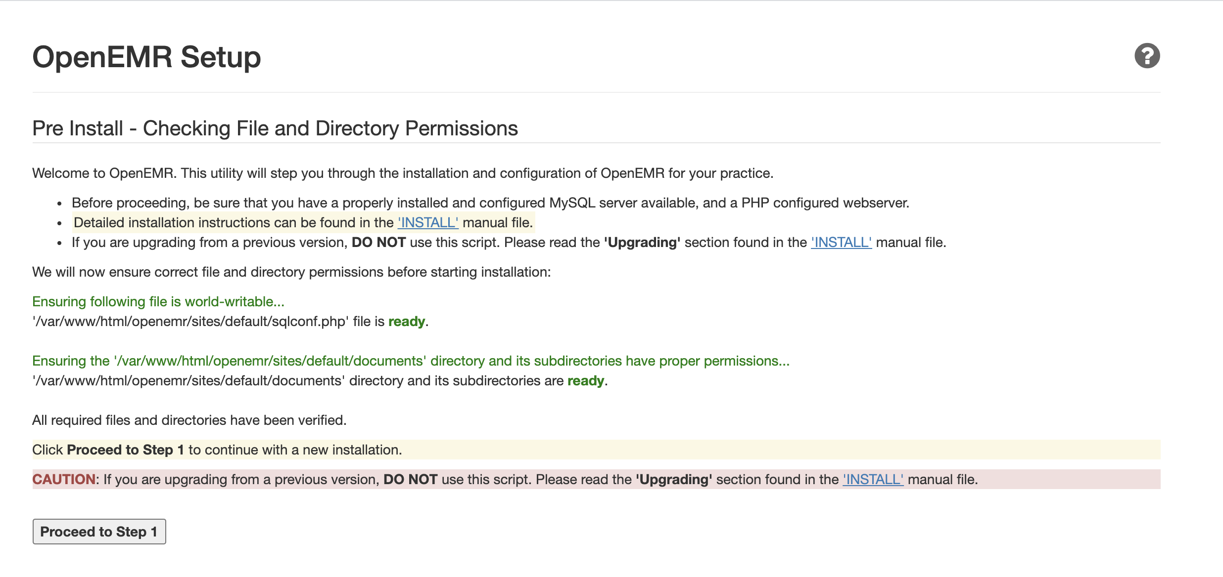 OpenEMR setup page