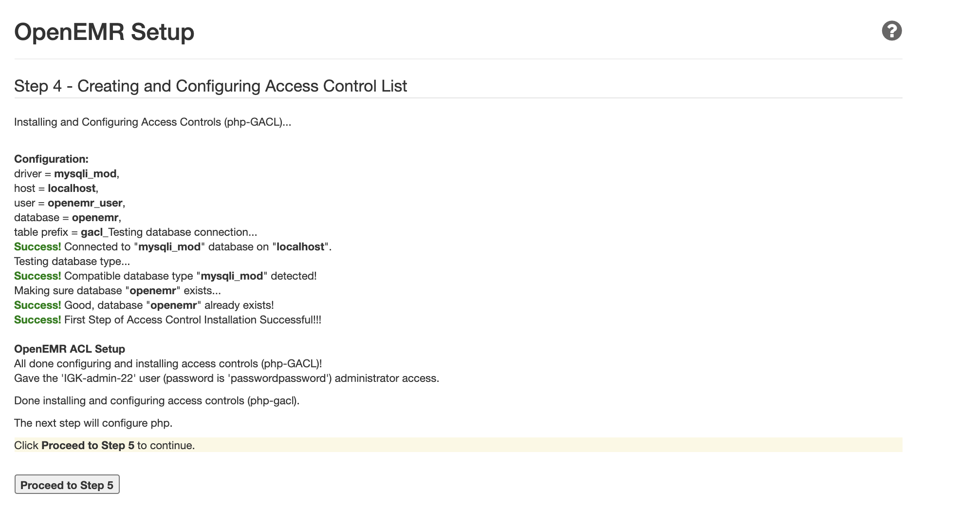 OpenEMR setup page — Step 4