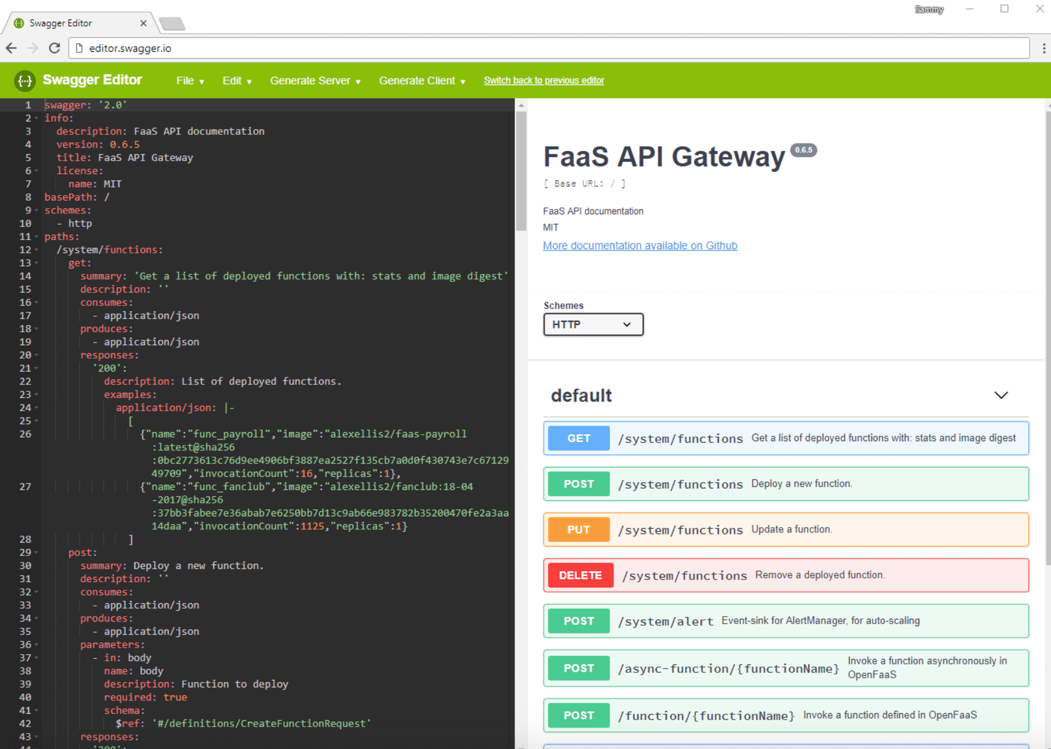 Swagger Editor OpenFaaS API specification