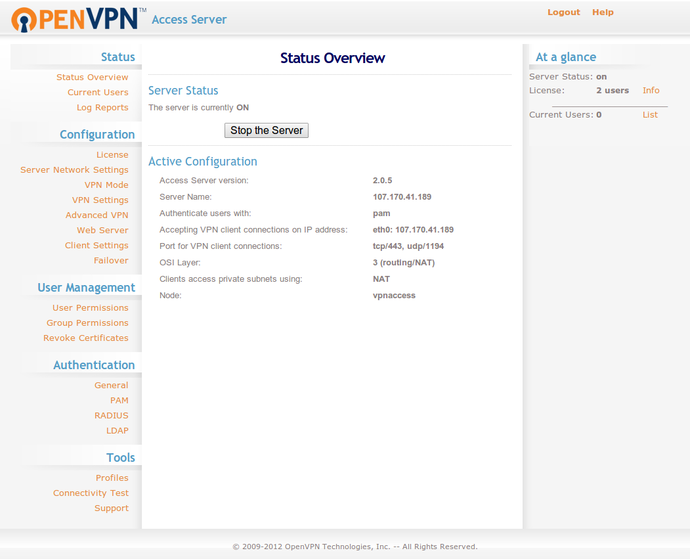 OpenVPN admin landing