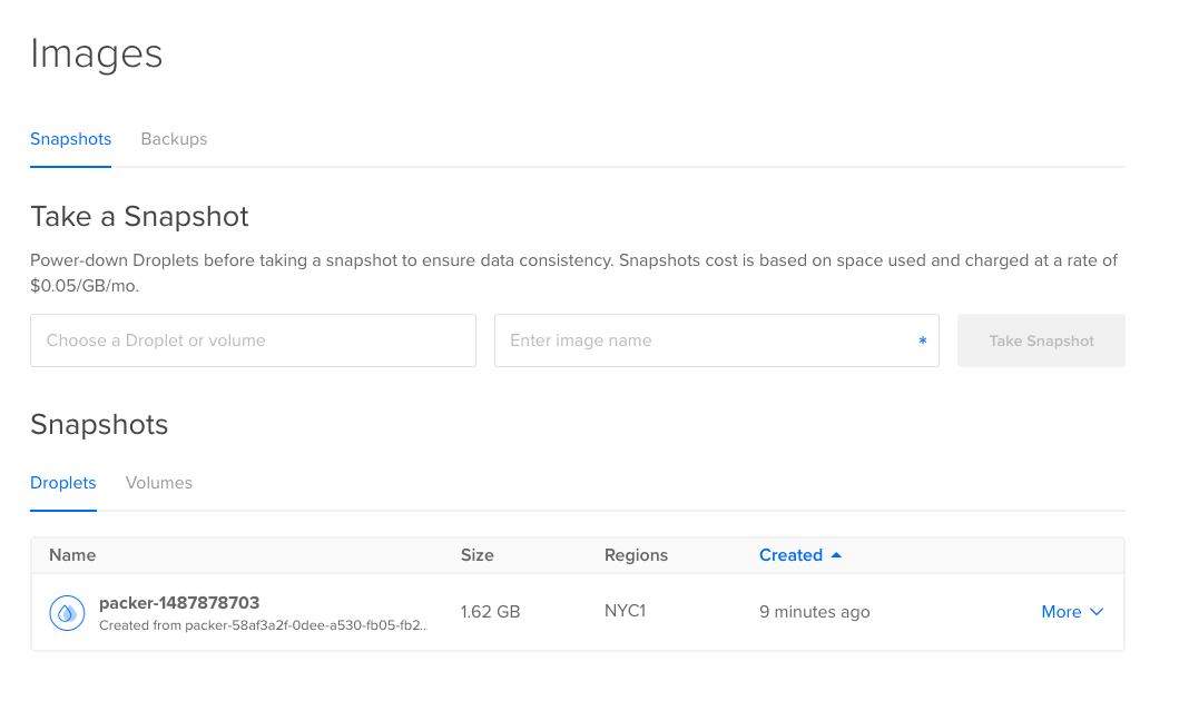 Docker snapshot in DigitalOcean dashboard