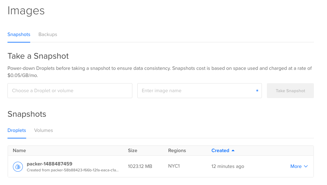 Docker snapshot in DigitalOcean dashboard 