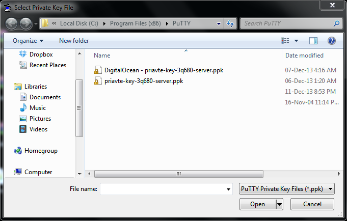 Select .ppk files from the file explorer