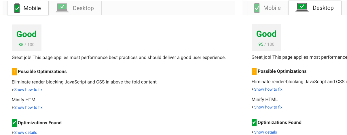 PageSpeed score after optmisations