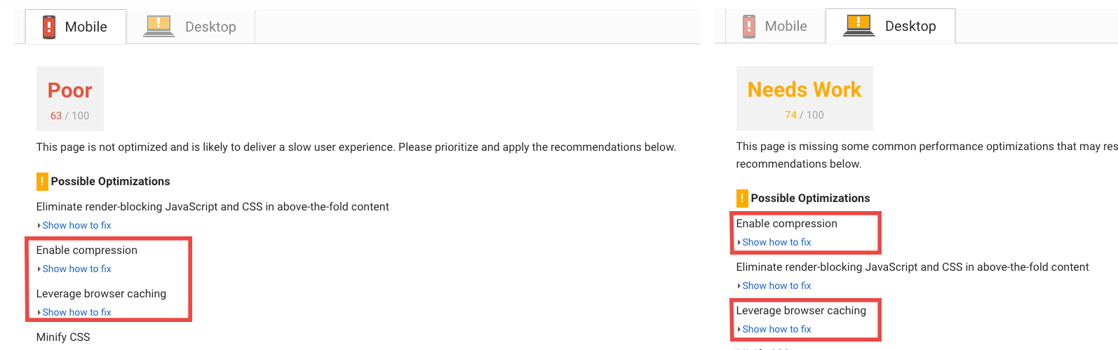 PageSpeed score before optimizations