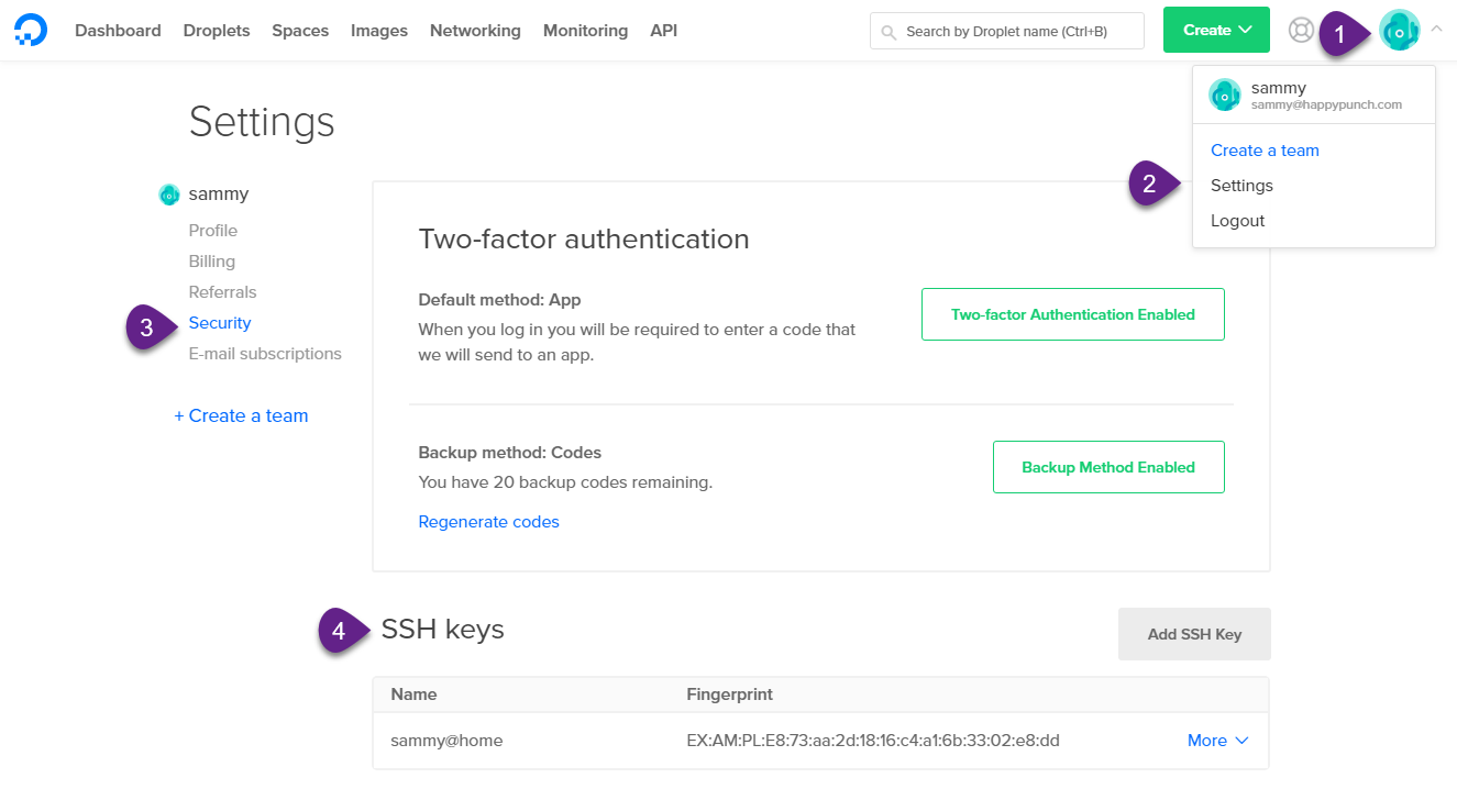 DigitalOcean SSH Keys page