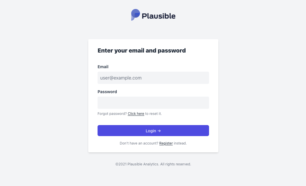 A screenshot of the Plausible login page, with 'Email' and 'Password' textboxes