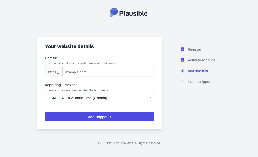 A screenshot of the Plausible initial setup workflow, asking for the domain of your website and a timezone