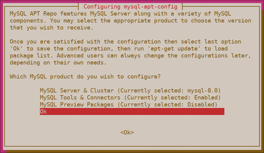Selecting mysql-apt-config configuration options