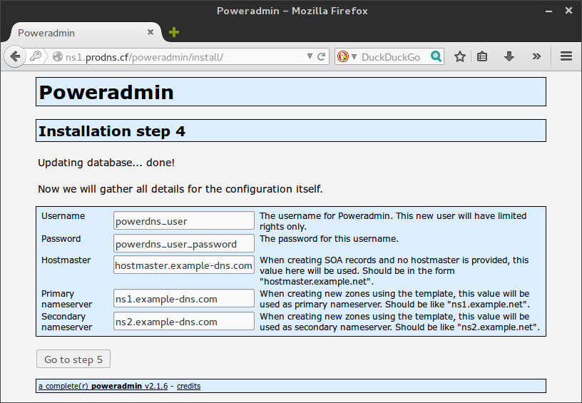Enter the database and nameserver details as explained below