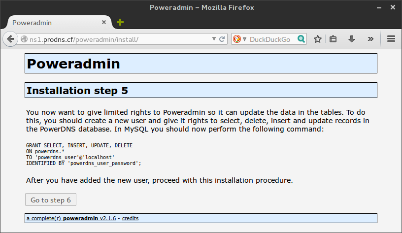 If you created a new user, add the new database user with the command shown on the page, starting with GRANT