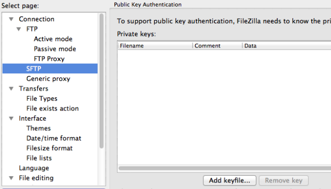 FileZilla SFTP menu