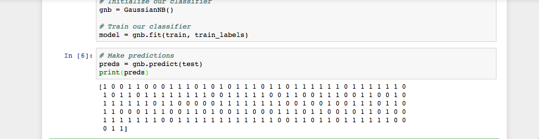 带有 Python 单元的 Jupyter 笔记本，可打印 Naive Bayes 分类器对测试数据的预测值