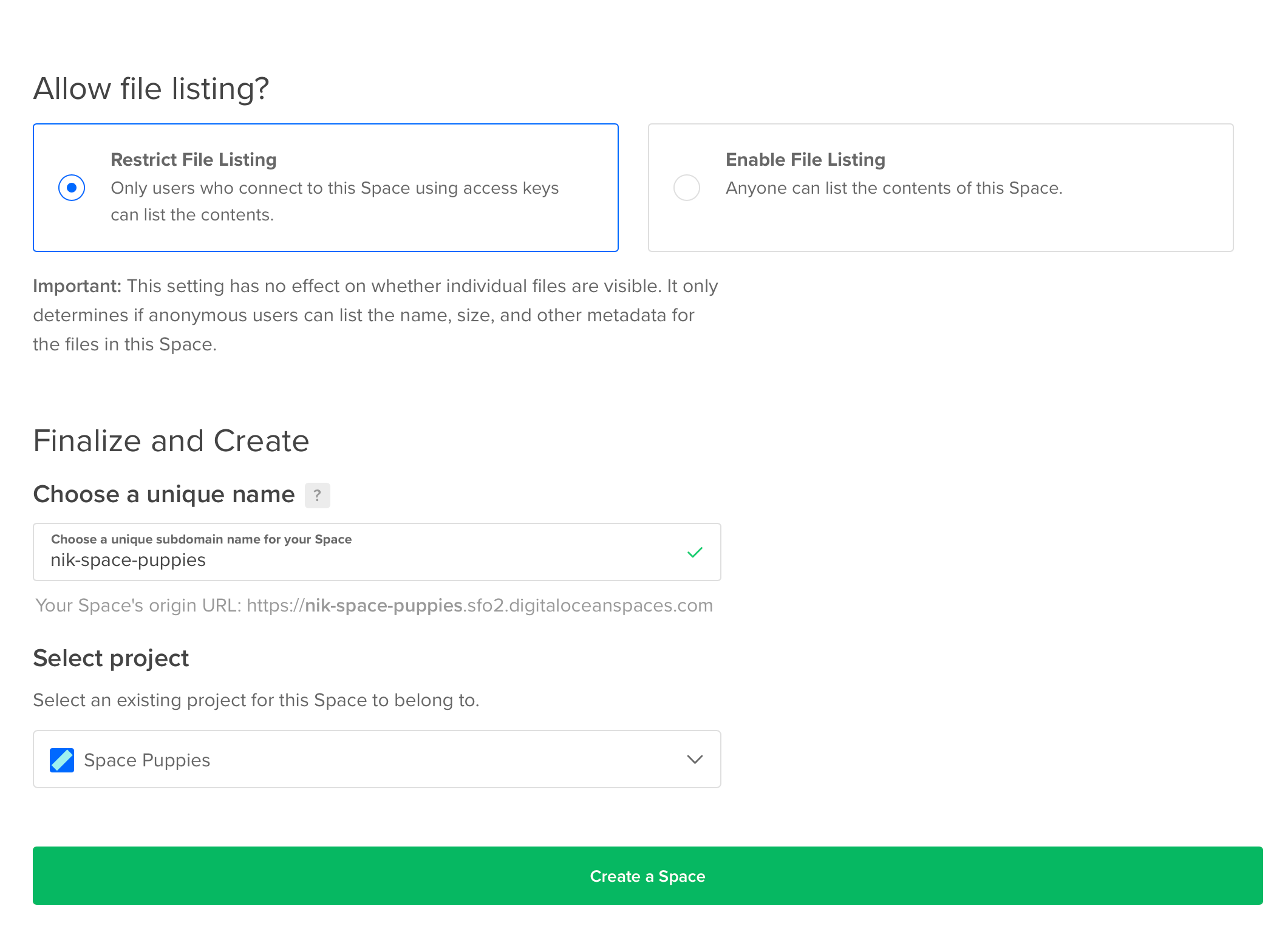 A screenshot of the DigitalOcean create space form with a name filled in