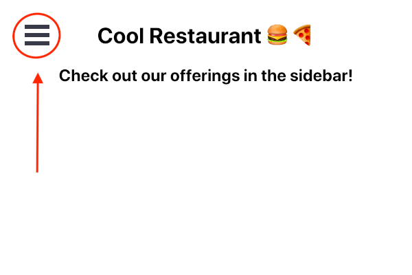 Screenshot of the Cool Restaurant webpage with annotations indicating the hamburger menu icon